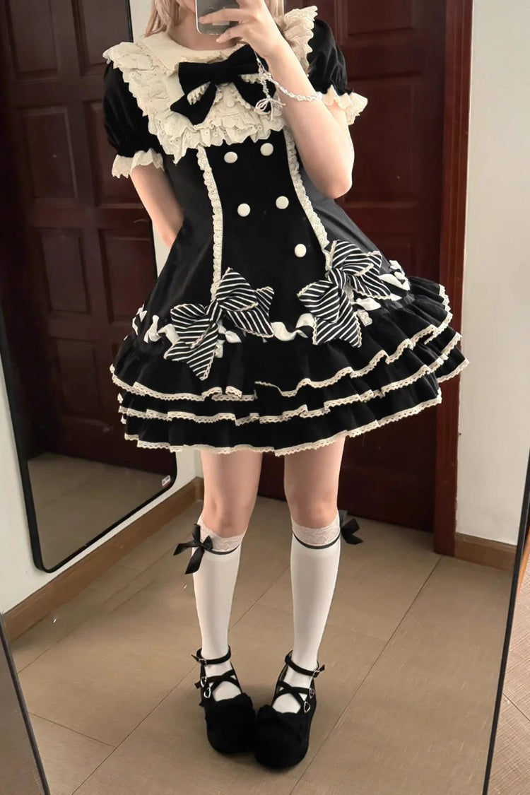 Ebony Striped Layered Short Sleeves Multi Ruffle Bow Sweet Princess Lolita Tiered Dress