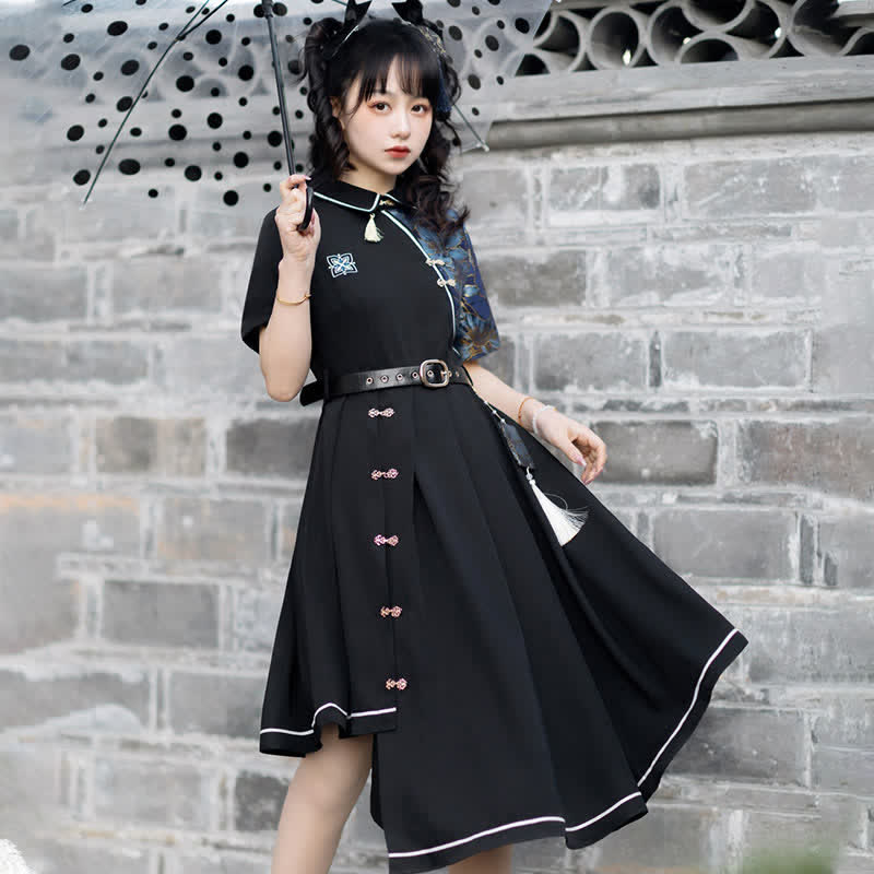 Black Lapel Floral Embroidery Button Splice Irregular Dress With Belt