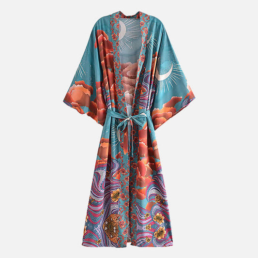 Robe longue à ceinture avec imprimé lune et plage style bohème, cardigan kimono, vêtement d'extérieur