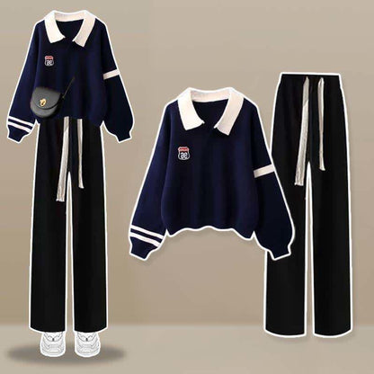 Lapel Pants Stripe Two Sweater Casual Chic Pieces