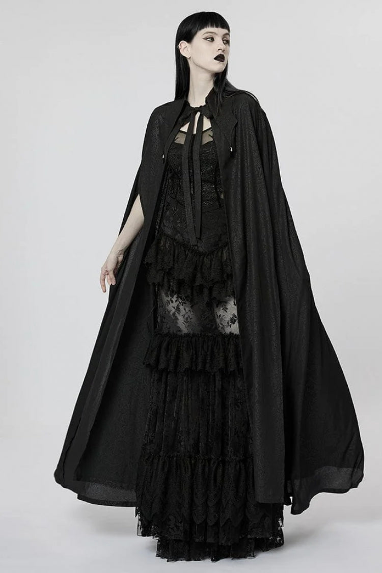 Lace Jacquard Gothic Cape with Lapel Collar and Mesh Details