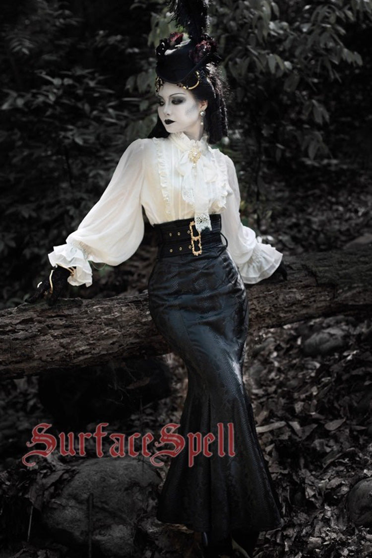 Snake Print Flared Fishbone Mermaid Gothic Lolita Skirt in Black Faux Leather