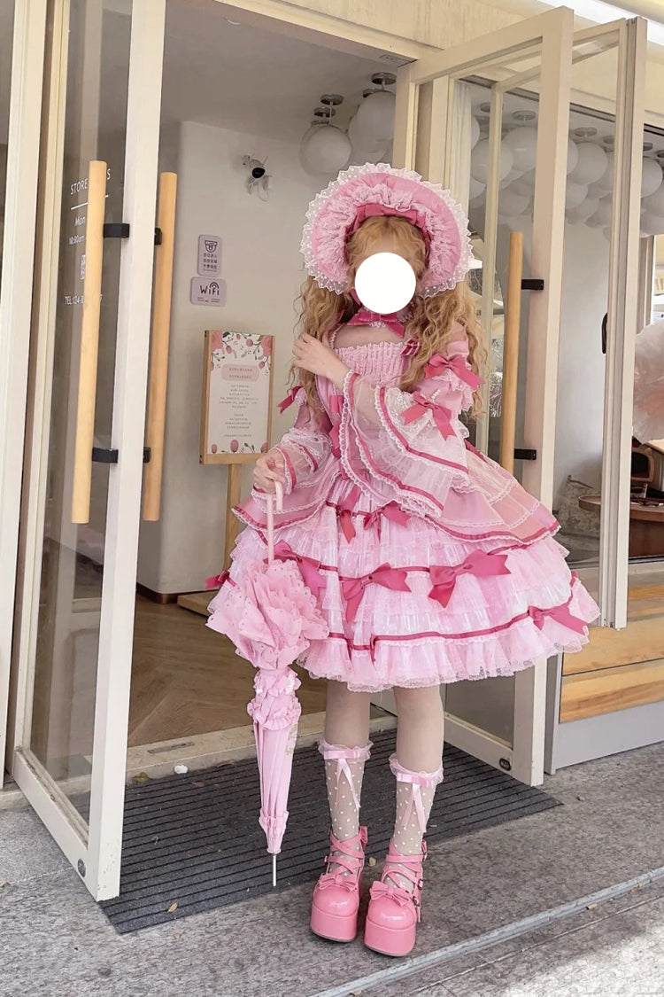Rose Velvet Cake Long Trumpet Sleeves Multi Ruffle Bow Lace Sweet Lolita Dress