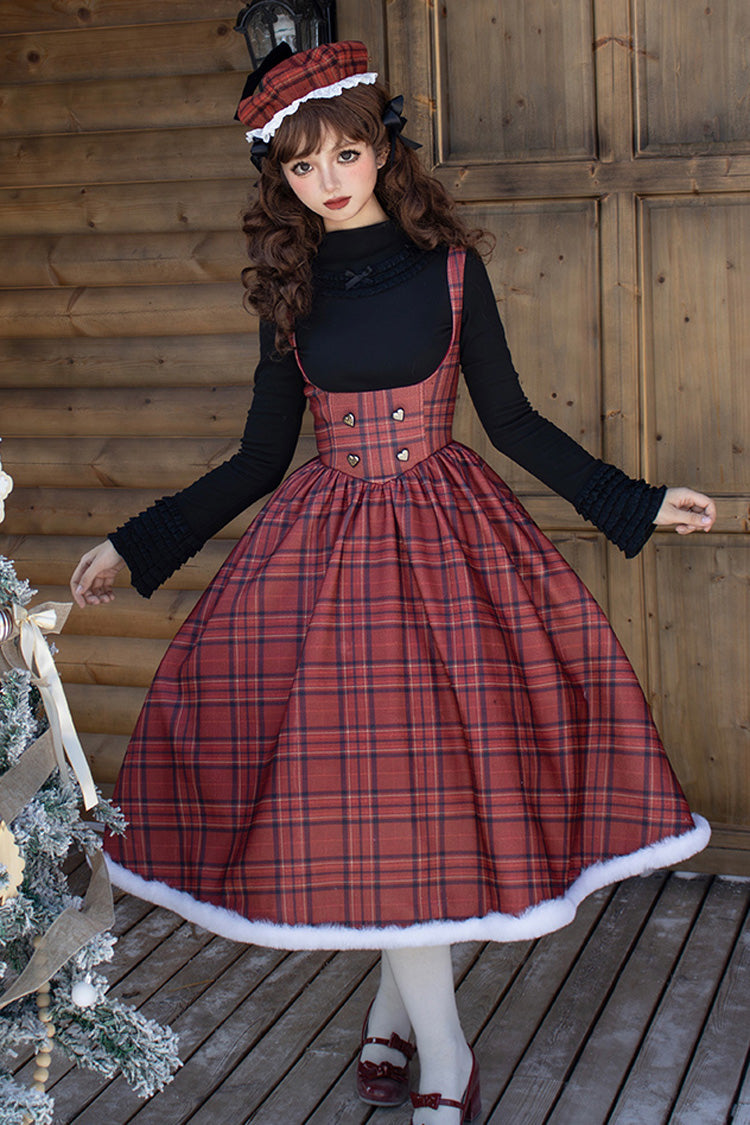 Crimson Striped Tartan Print Autumn Winter Fishbone Sweet Corset Lolita Dress