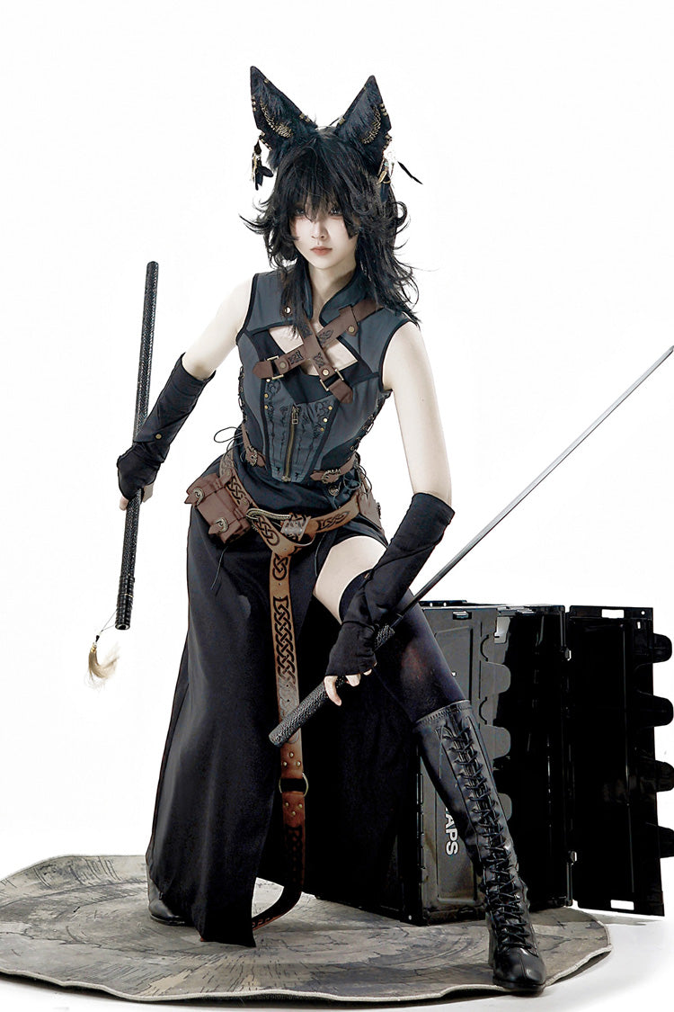 Ebony and Grey Phantom of the Night Sleeveless Lace Up Fashion Gothic Punk Lolita Dress