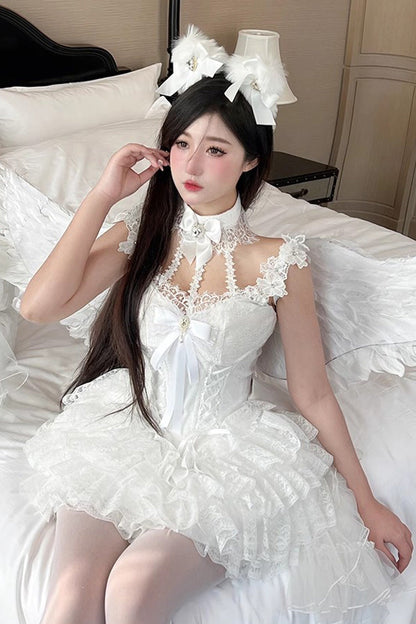Ivory Ruffle Bow Lace Mini Lolita Skirt Dress