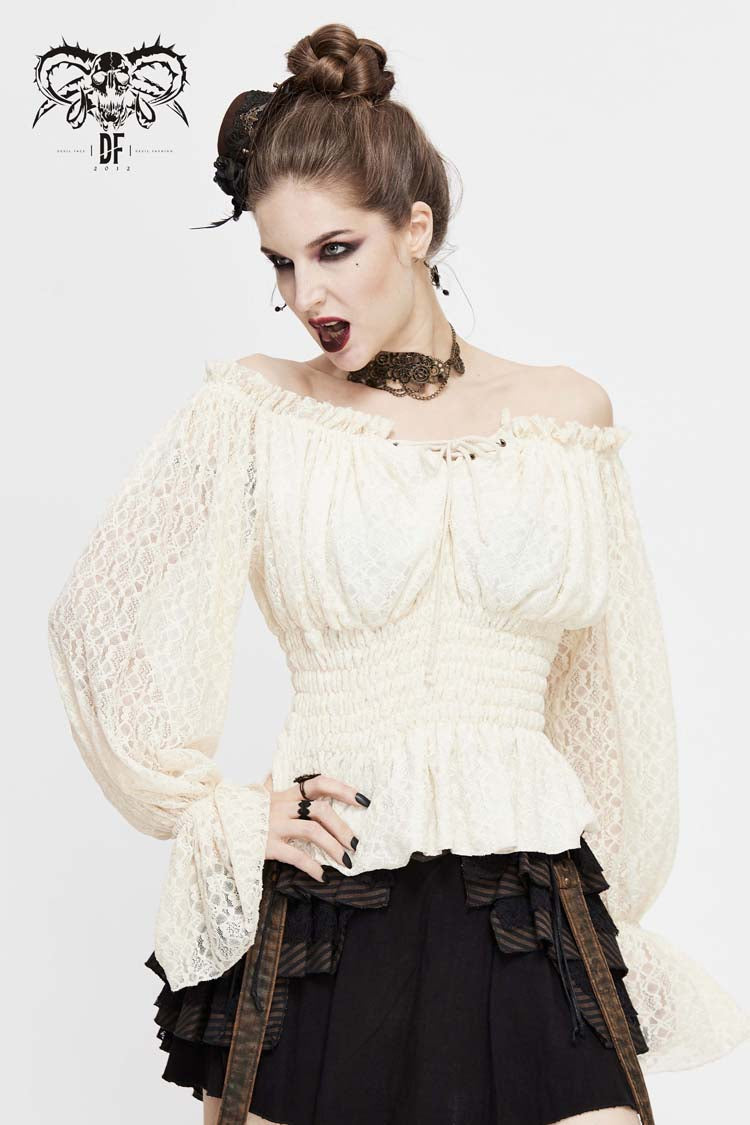 Ivory Off-Shoulder Long Sleeve Ruffled Lace Gothic Top