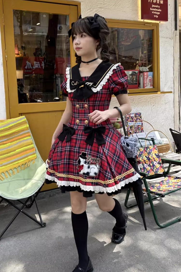 Crimson Dalmatian Bowknot Mini Sweet Lolita Gown with Short Sleeves