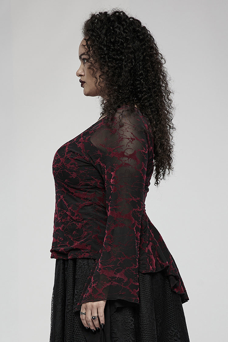 V Neck Stretch Mesh Abstract Pattern Flared Cuffs Plus Size Gothic Tee