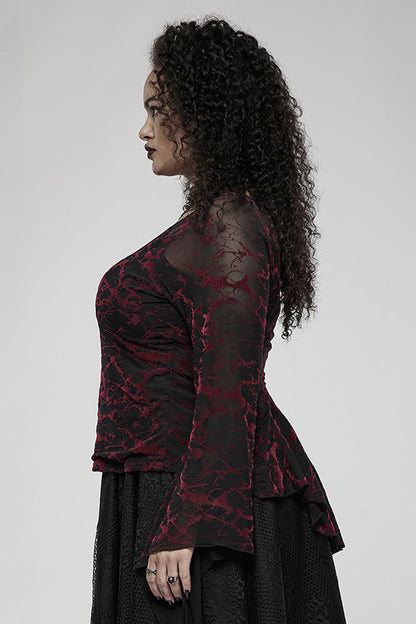 V Neck Stretch Mesh Abstract Pattern Flared Cuffs Plus Size Gothic Tee
