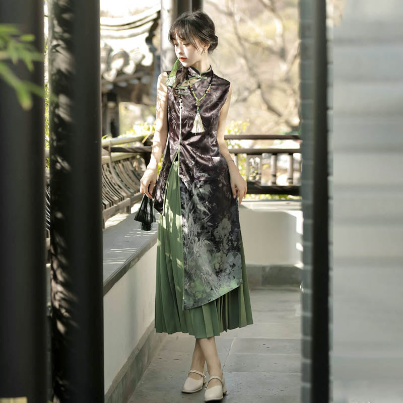 Elegantes Cheongsam-Kleid mit Bambus-Print und Faltenrock