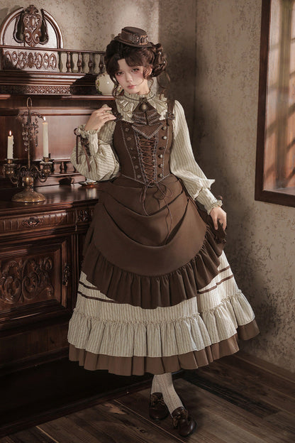 At Sunset Round-Collar Lantern-Sleeved Double-Layered Printed Ruffled Classic Lolita Dress in Beige and Brown, 2 Versions