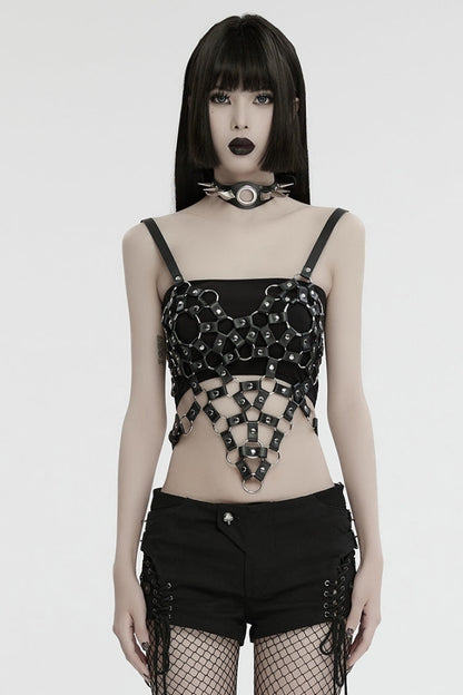 Cutout Ring Punk Crop Top in Stitched Black Faux Leather for Women