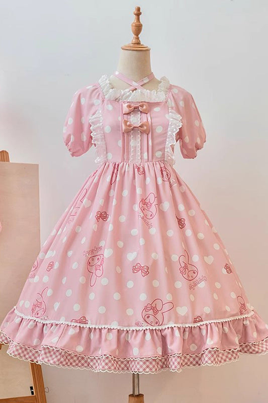 Pink Short Sleeves Melody Print Ruffle Bow Sweet Lolita Dress