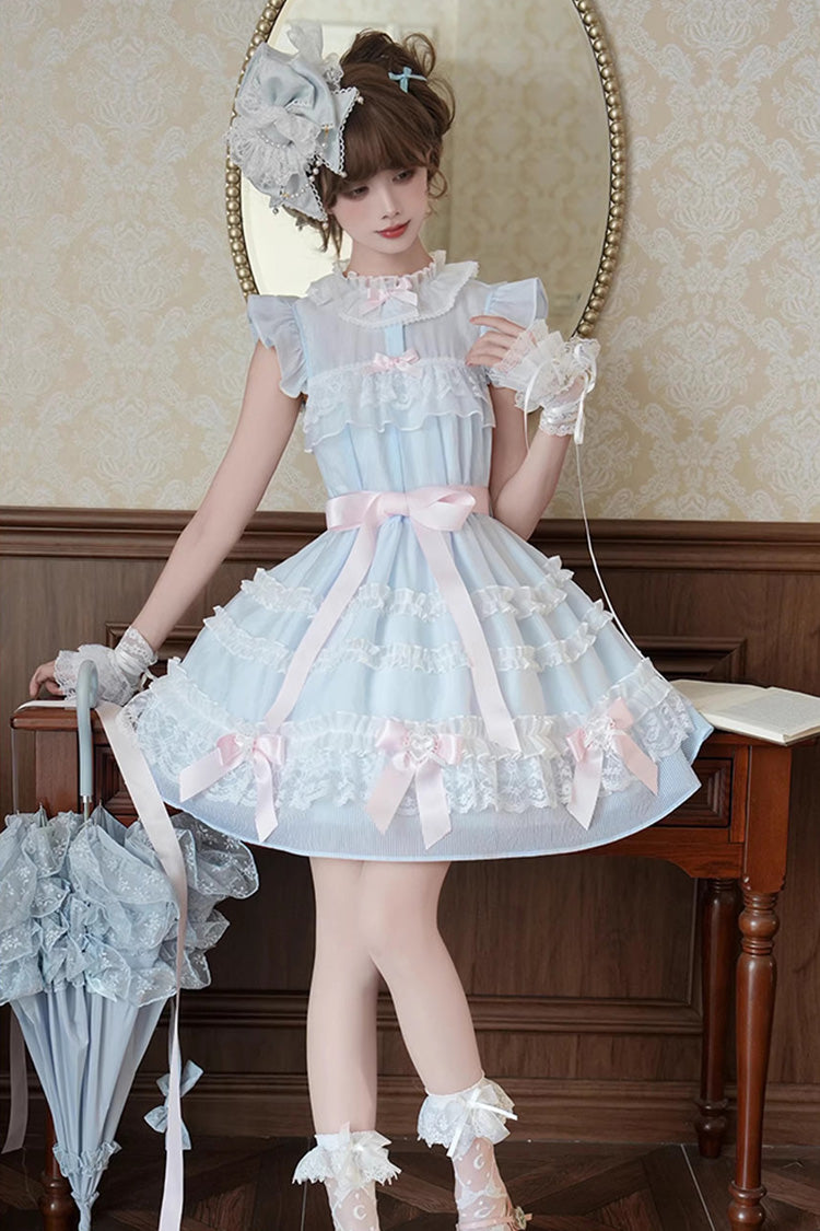 Blue Frosted Cake Stand Collar Sleeveless Ruffle Bow Lace Sweet Japanese Princess Lolita Tiered Dress