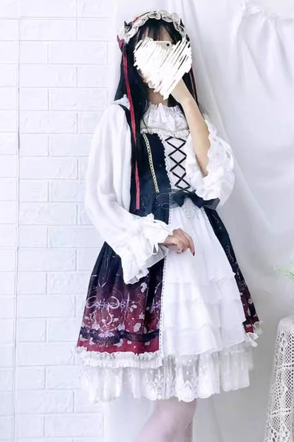 Black Red Sleeveless Gradient Print Ruffle Cardigan Bowknot Lace-Up Sweet Elegant Lolita Jsk Dress