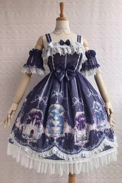 Sweetie Violet Unicorn Print Ruffle Jsk Dress - Secret Garden Lolita