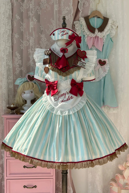 Emerald Jenny's Chocolate Short Sleeves Vertical Stripes Print Ruffle Bow Sweet Lolita Dress