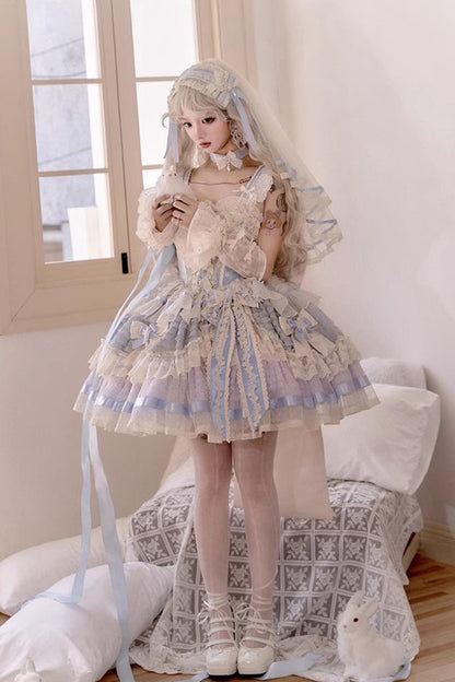 Sleeveless Embroidered Lace Dress with Fishbone Ruffle and Bow