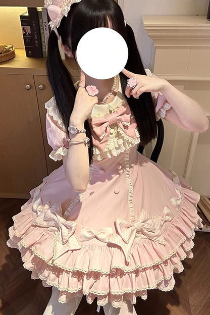Rose Striped Layered Short Sleeves Multi Ruffle Bow Sweet Princess Lolita Tiered Dress