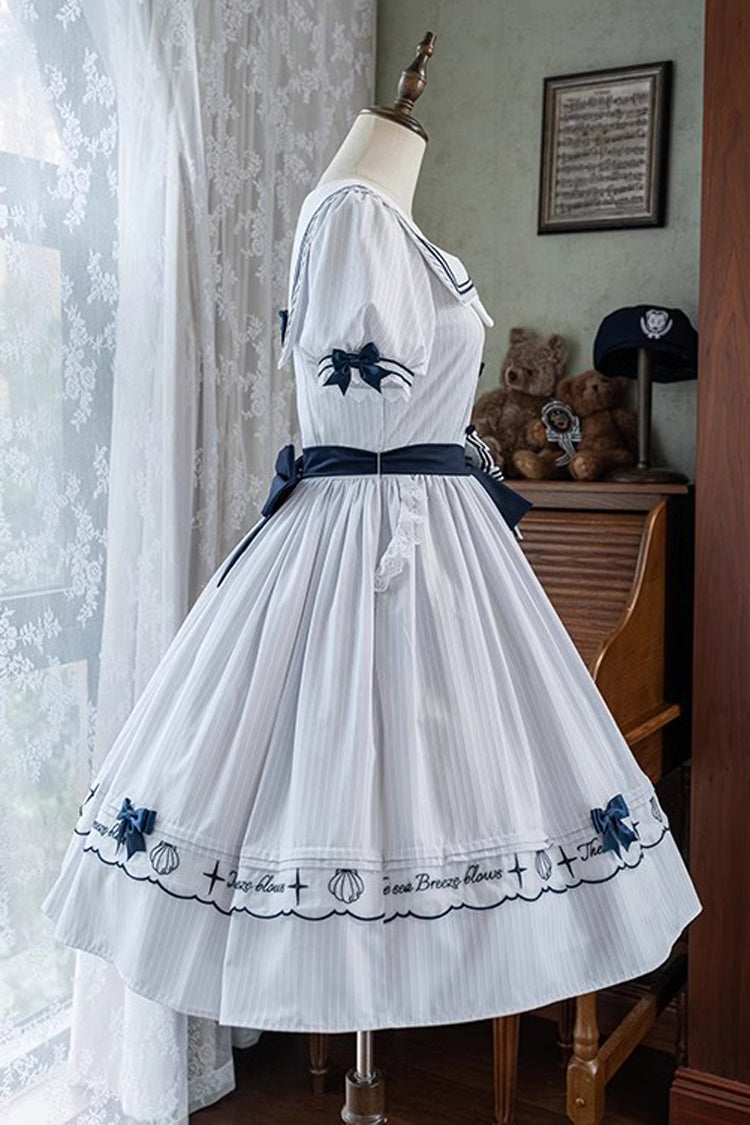 Ivory Navy Stripe Ruffled Embroidered Sweet Lolita Dress