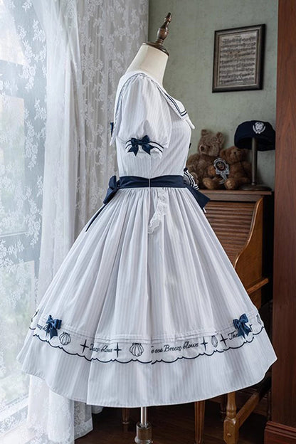 Ivory Navy Stripe Ruffled Embroidered Sweet Lolita Dress