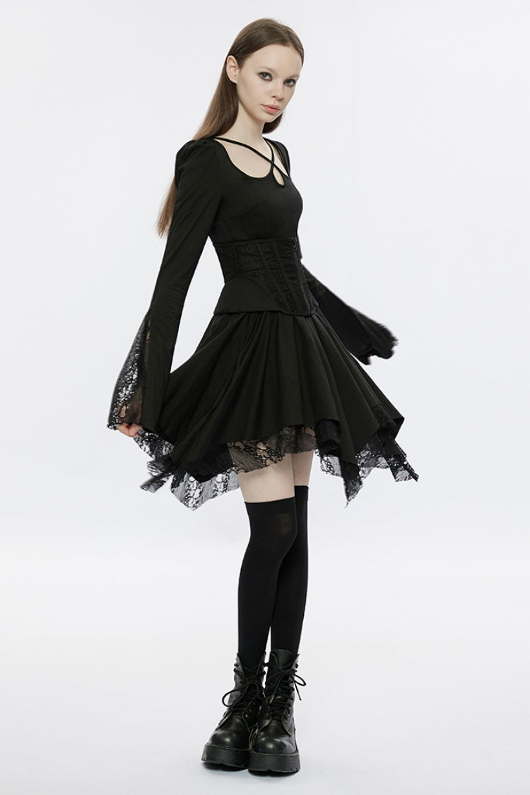 Asymmetrical Gothic Dress with Lace and Flared Sleeves