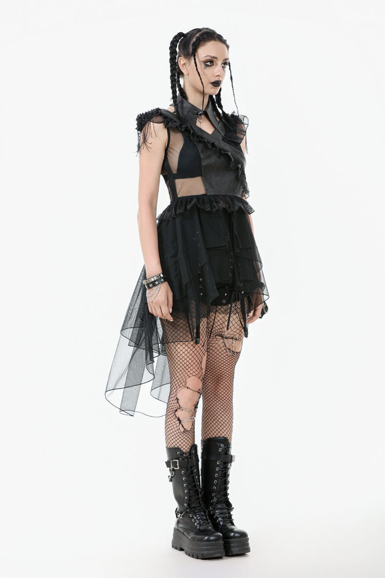 Jet V-Neck Sleeveless Multi-Tiered Ruffled Sheer Mesh Dress