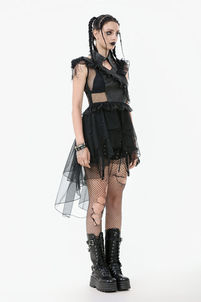 Jet V-Neck Sleeveless Multi-Tiered Ruffled Sheer Mesh Dress