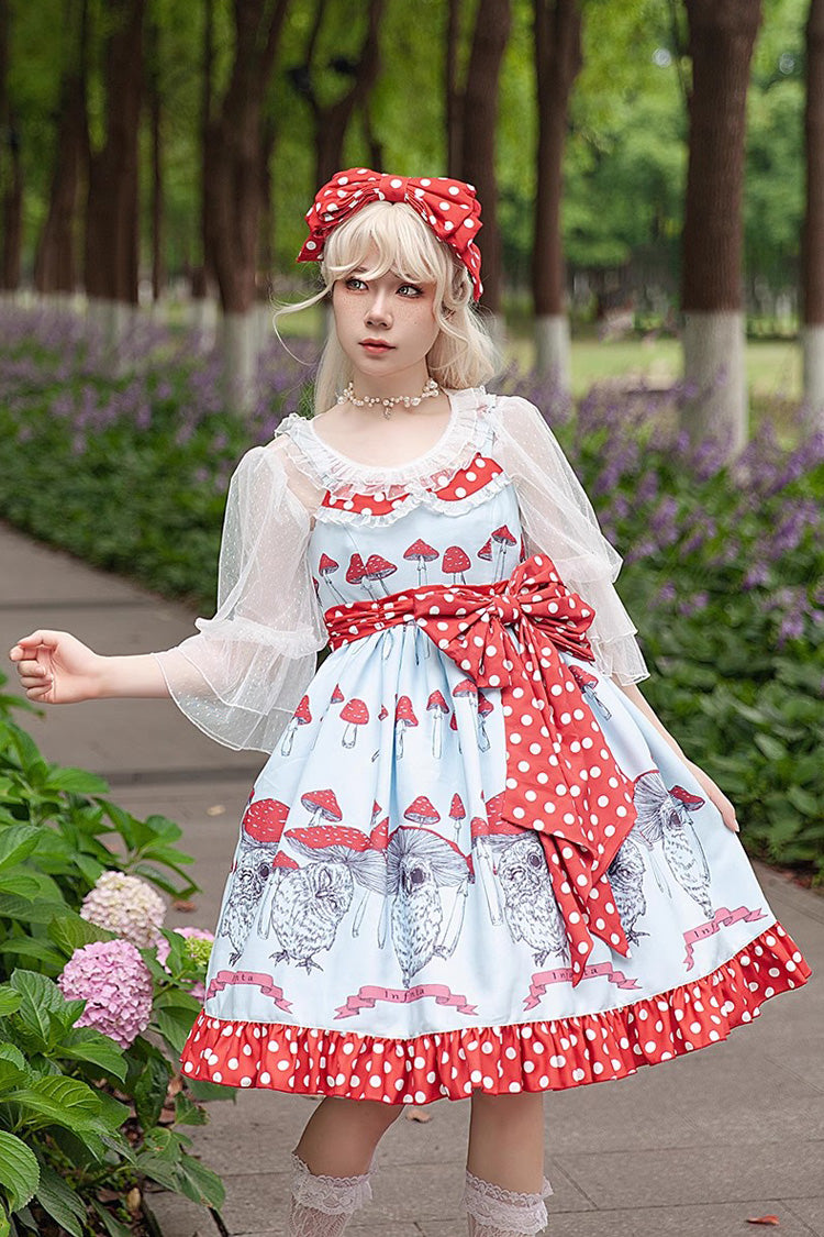 Mushroom-Print Bow-Adorned Ruffled Sweet Lolita Dress in Two Colors