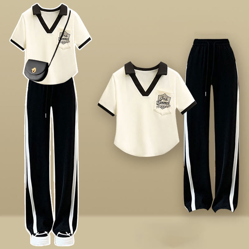 V-neck Casual Pants T-Shirt Set Pockets Letter Print