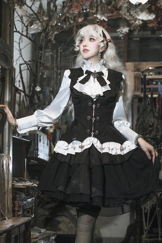 Black White Gothic Lace Vest Skirt Set