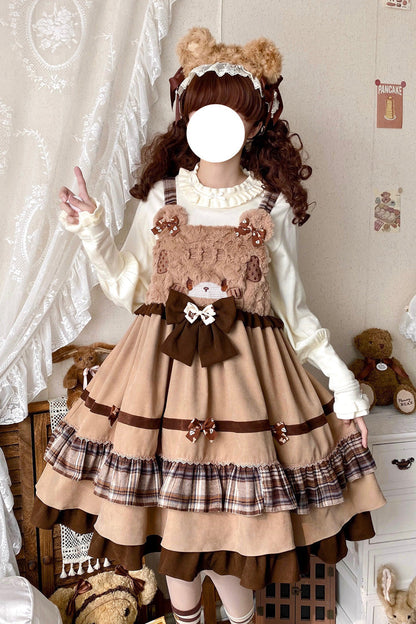 Brown Sweet Lolita Triple-Layered Ruffle Bowknot Strap Dress