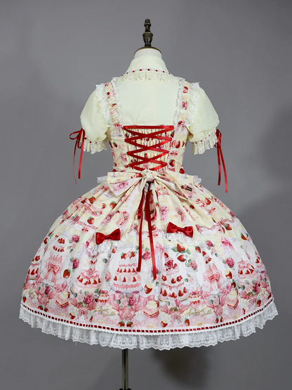 Strawberry and Desserts Print Yellow Sweet Bow Accents Lolita JSK / Full Set