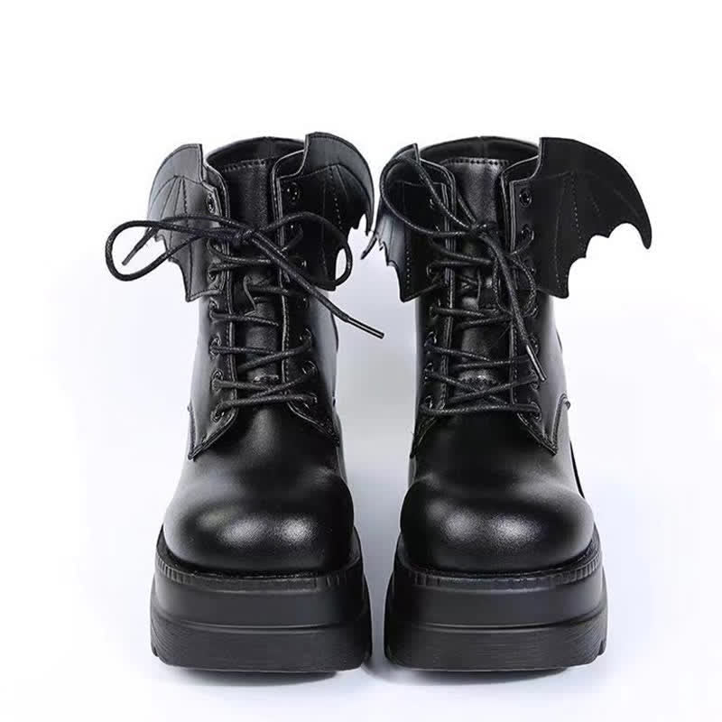 Schwarze Punk Goth Wings Schnürstiefel mit hohem Keilabsatz