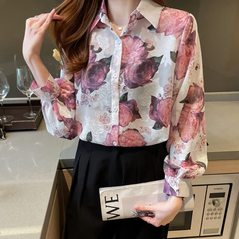 Chemise en mousseline de soie à manches bouffantes et broderie florale rose