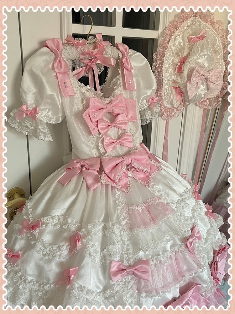 Pink Bow Accents White High Waist Sweet Princess Lolita Dress with Detachable Sleeves