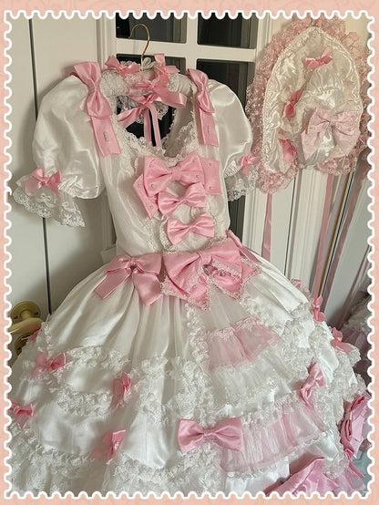 Pink Bow Accents White High Waist Sweet Princess Lolita Dress with Detachable Sleeves