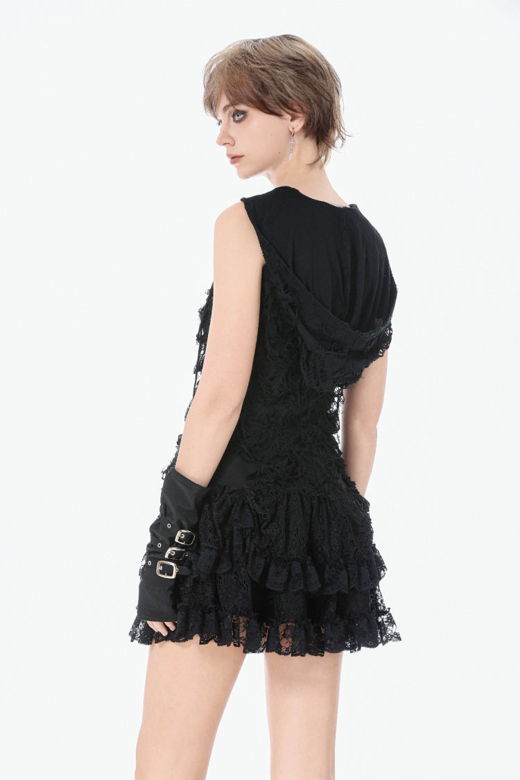 Hooded Punk Top with Ripped Mesh and Eyelets