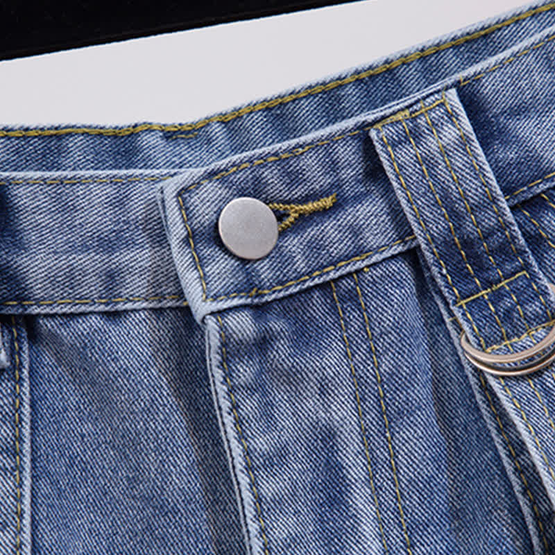 Denim Chic Round T-Shirt Collar Colorblock Pocketed Shorts