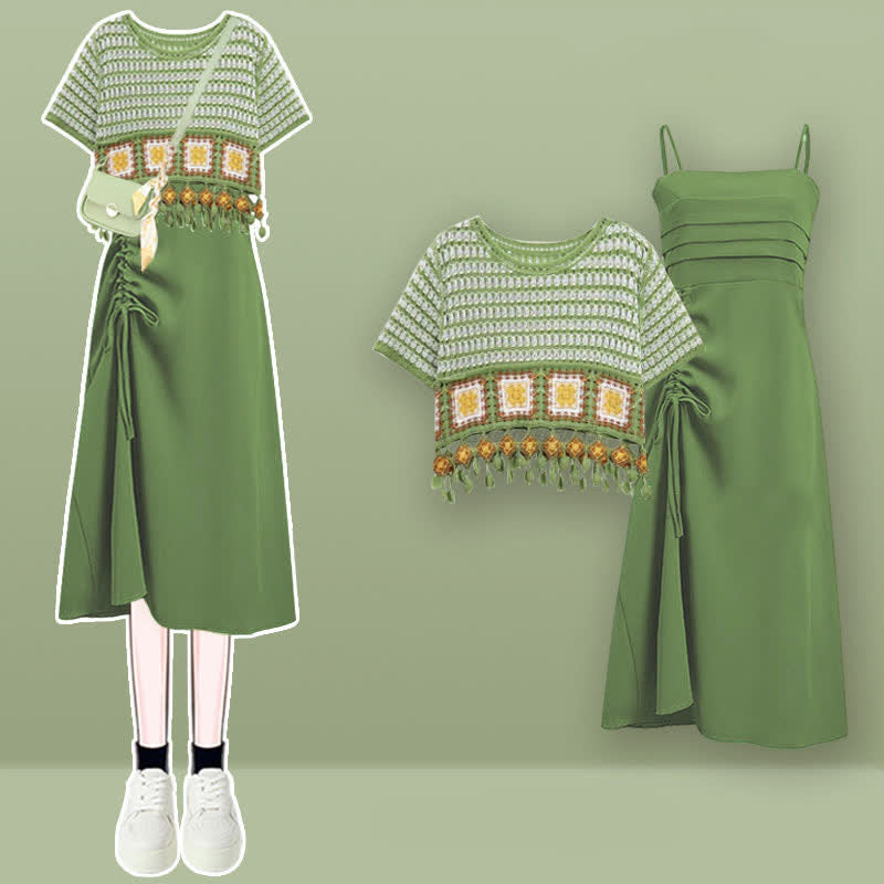 Robe fourreau fendue avec cordon de serrage et t-shirt à franges vert bohème