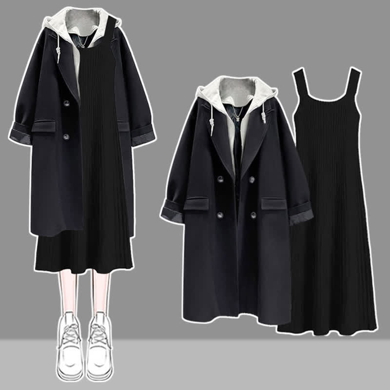 Dress Hooded Coat Black Slip Knit Colorblock