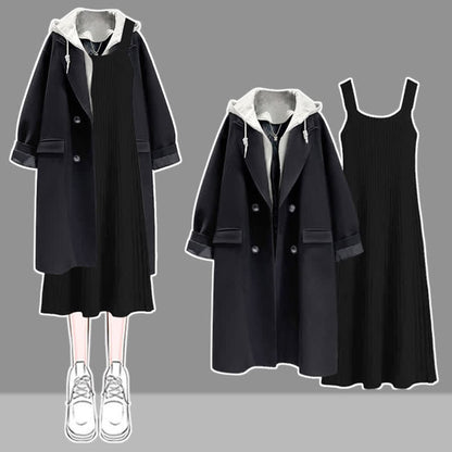 Dress Hooded Coat Black Slip Knit Colorblock