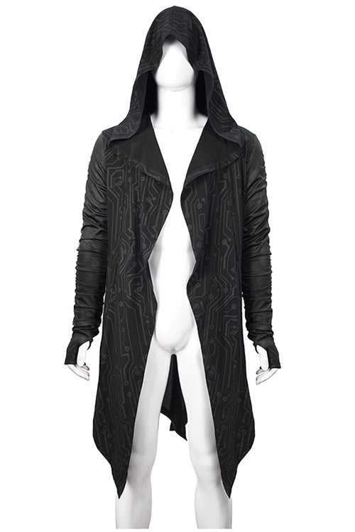Men's Punk Knit Long Coat with Hood Wrinkled Sleeves Circuit Print
