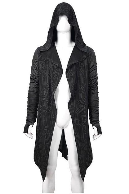 Men's Punk Knit Long Coat with Hood Wrinkled Sleeves Circuit Print