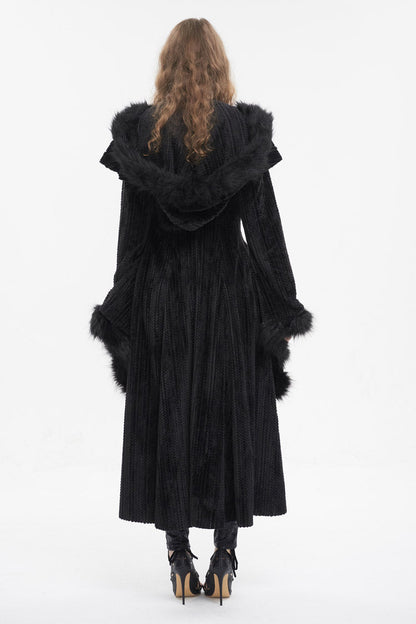 Gothic Women's Hooded Coat with Fluffy Long Bell Sleeves and Flared Silhouette