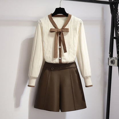 Elegant Bowknot Shorts Elastic Cardigan Sweater Waist