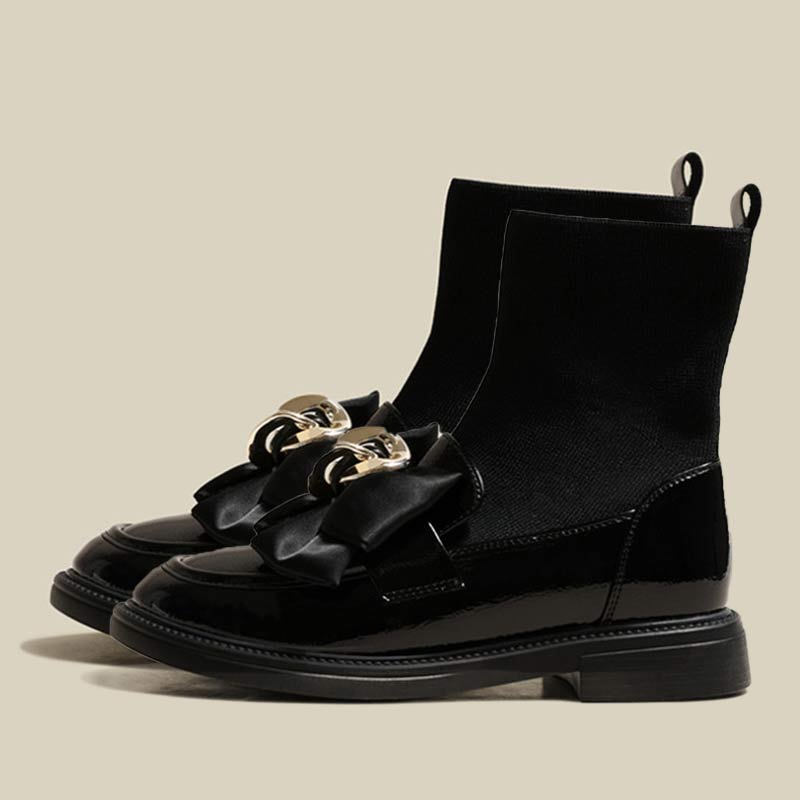 Bottines en cuir à enfiler avec nœud noir