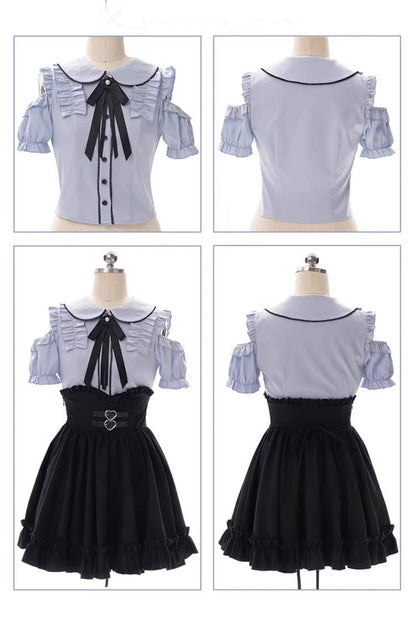 Black Blue Off-Shoulder Short Sleeve Ruffle Bow Set