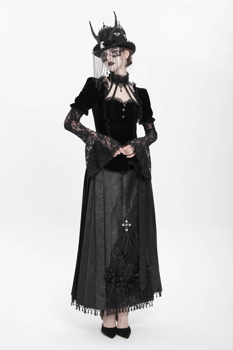 Faux Two-Piece Velvet Blouse with Eyelet and Pleats
